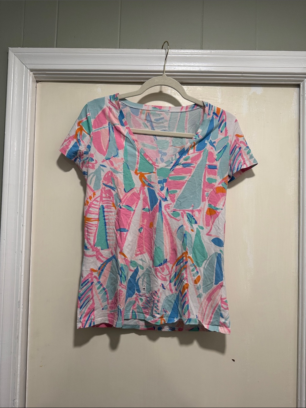 Women’s Pink Multicolor V-Neck Short Sleeve Top